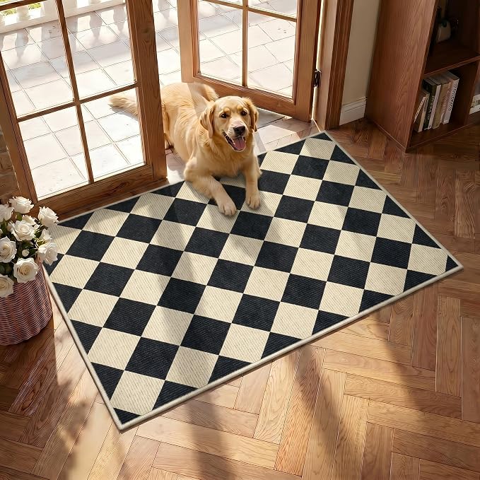 GarveeHome Checkered Entryway Rug 2x3 Black Diamond Washable Front Door | Rug Indoor Entrance Plaid Carpet Non-Slip Low Pile Throw Rugs for Kitchen Floor, Powder Room, Entry, Bathroom, Kids Room