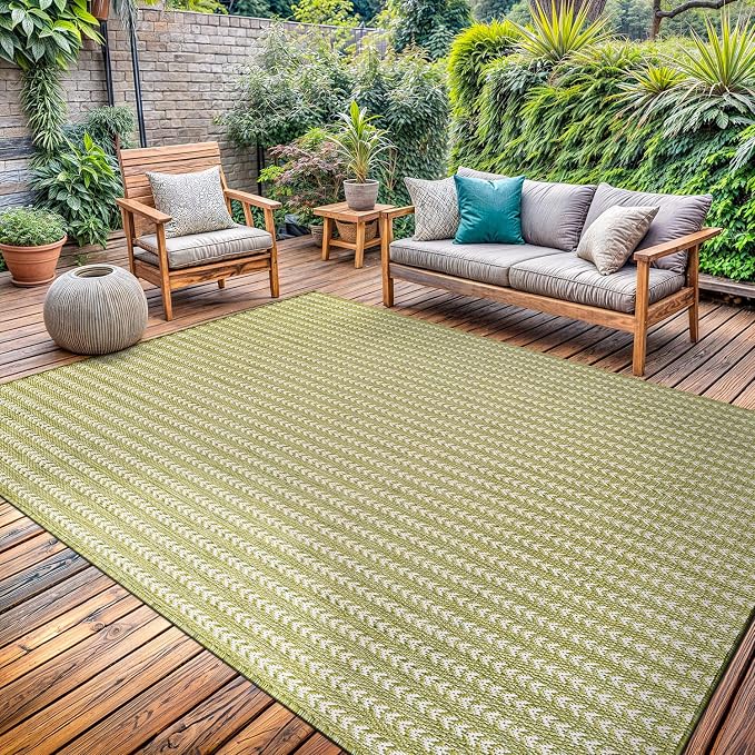 Washable Outdoor Rug 5x7 Modern Area Rugs Outdoor Carpets Striped Pattern Non Shedding Waterproof Easy Clean Patio Deck Porch Living Room Bedroom Garden RV (5 X 7 Olive)