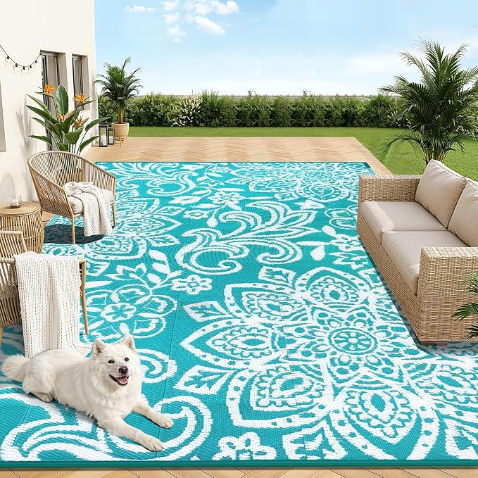Findosom Waterproof Outdoor Rug 9' x 12' - Reversible Mandala Outdoor Plastic Straw Rug, Durable Foldable Patio Rug for RV, Deck, Balcony, Backyard, Picnic, Porch, Camping, Beach, Blue