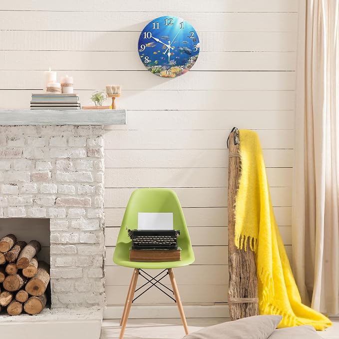Britimes Round Wall Clock Silent Non-Ticking Battery Operated Clock 10 Inch, Underwater Coral Reef Tropical Fish Home Decor for Living Room, Bathroom, Bedroom, Kitchen, Office and School