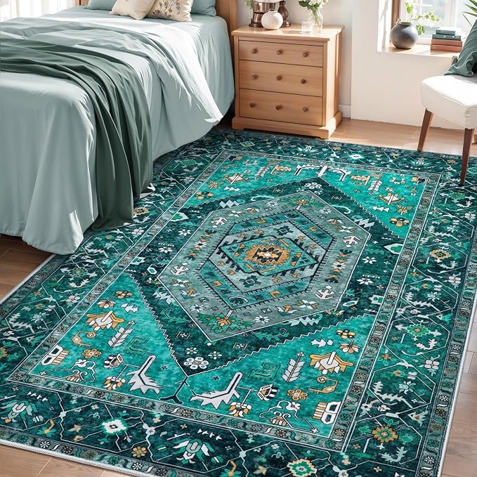 SERISSA 4x6 Washable Non Slip Boho Area Rug for Bedroom，Teal | Ultra Soft Vintage Oriental Carpet Low-Pile Distressed Tribal Throw Carpet for Entry Living Room Nursery Kitchen Dorm Decor