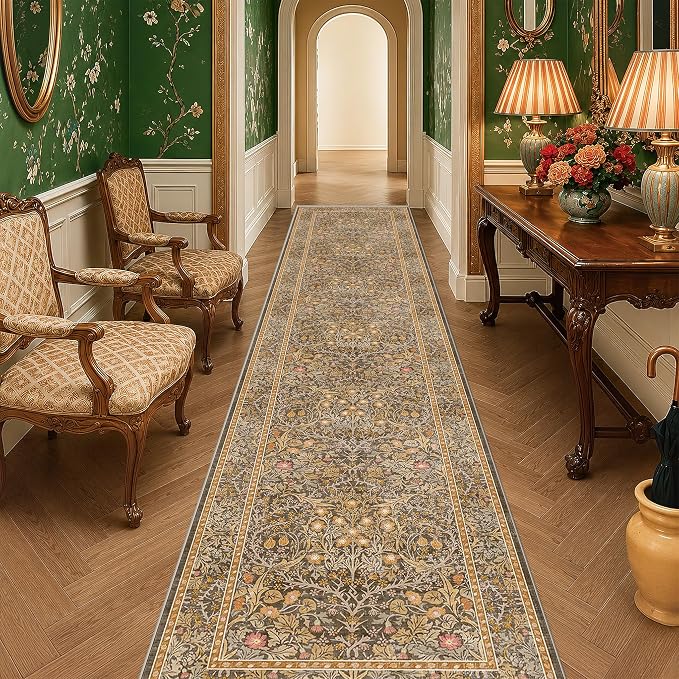 Brown Washable 3x16 Extra Long Runner Rug for Hallway Non Slip, Ultra Thin Large Kitchen Indoor Floor Rugs for Entryway Hall Way, Soft Stain Resistant Low Pile Vintage Floral Carpet