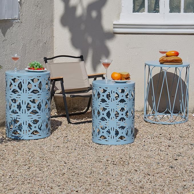 Y&M Outdoor Side Tables Set of 3, Round Metal Stacking Patio Side Tables, Indoor & Outdoor End Tables, Decorative Garden Stool Plant Stand for Patio, Garden, Balcony, Porch, Light Blue