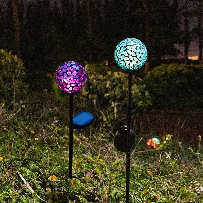 VCUTEKA Decorative Solar Garden Lights, 3.5" Mosaic Globe Stake 2 Pack | Mosaic Glass Design, Solar LED Light, Weather Resistant, Auto On/Off and Metal Stake Design for Lawn and Patio