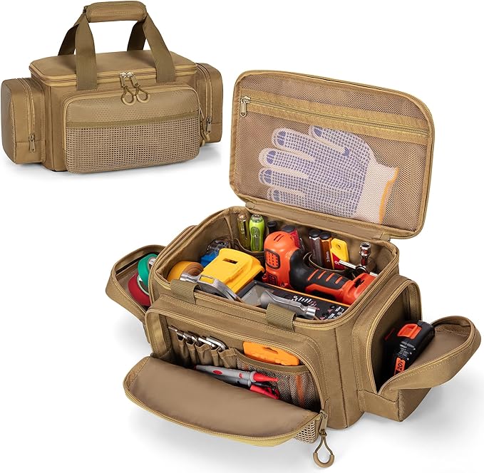 Small Tool Bag With Anti-Friction Bottom, 12-Inch Tool Organizer | Large Capacity, Top Full-Opening, Multiple Pockets, Padded Handles, Small Tool Box for Gardener, Technician, Electrician