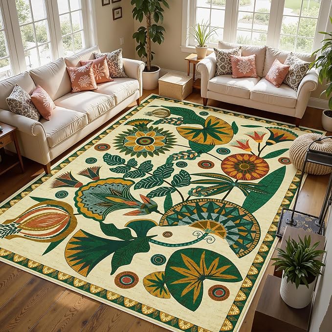 Joydeco Egypt Floral Boho Washable 6x9 Area Rugs for Living Room Bedroom | Botanical Colorful Vintage Aesthetic Non Slip Flower Indoor Carpet for Dining Room Office Guest Room Playroom Dorm, Beige