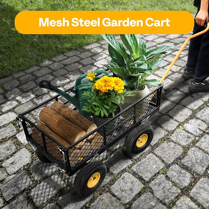 VIVOHOME Heavy Duty 880 Lbs 4.5 Cu Ft Mesh Steel Garden Cart Utility Wagon | Removable Sides and 4.10/3.50-4" Wheels 10 inch Tire (Black)