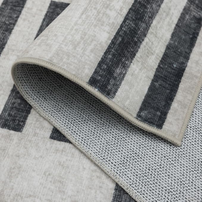 Machine Washable Area Rug Runner - Living Room Bedroom Bathroom Kitchen Entryway Office -Non-Slip Baking Low Pile Stain Resistant Premium - Modern Geometric Loki-Beige & Black 2'6" x 6'