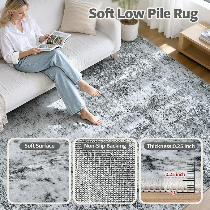8x10 Washable Area Rug Modern Abstract for Living Room Bedroom Gray White | Soft Indoor Carpet,Anti-skid Backing,Water Repellent,Non-shedding, Suitable for bedroom dining farmhouse nursery home office