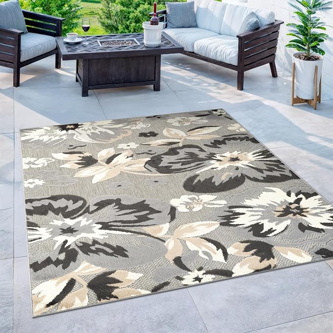 Rugshop Bergamo Contemporary Floral Non-Shedding Easy Cleaning Patio Deck Backyard Indoor/Outdoor Area Rug 6' 6" Square Gray