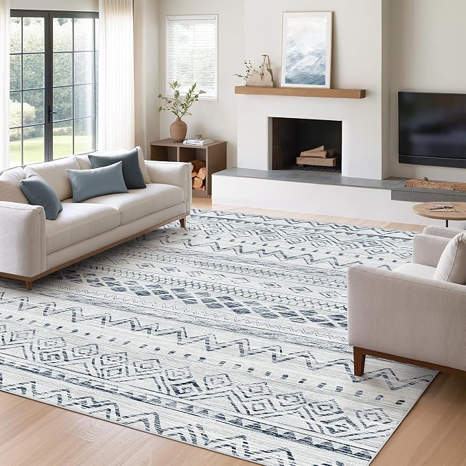 Miukiki 5x7 Washable Area Rug for Living Room, Soft Non Slip Rug Blue | Non-Slip Thin Throw Rug for Bedroom Kitchern Dining Room Office, Low Pile Indoor Floor Carpet with Vintage Pattern 5'x7'