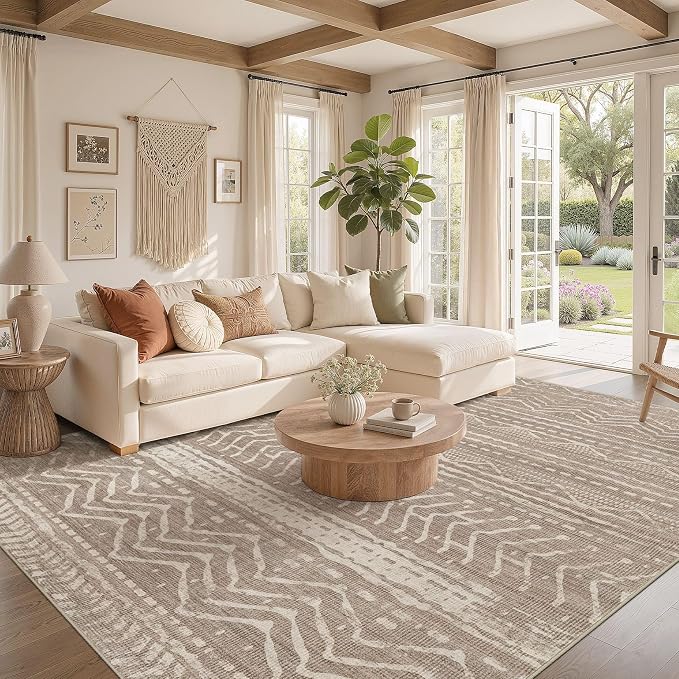 Nakagishi 12x15 Area Rug Living Room: Washable Boho Large Neutral Modern Soft Farmhouse Rugs Stain Resistant Indoor Floor Non-Slip Carpet for Bedroom Kids Playroom Office Dining Room- Dark Brown