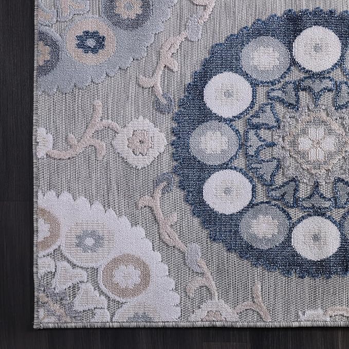CAMILSON Indoor Outdoor Rug 6x9 Bohemian Medallion Floral Area Rugs for Indoor and Outdoor Patios Easy-Cleaning Non-Shedding Living Room Garden and Kitchen Washable Outside Carpet (6 x 9 / Blue)