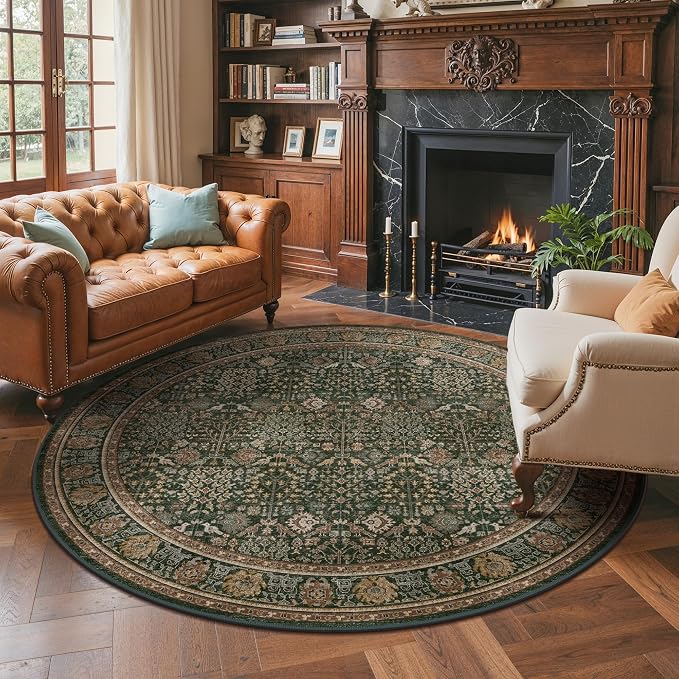 8ft Round Area Rug 8x8, Washable Non Slip, Dark Green Brown | Vintage Floral, Spill Resistant, Lightweight Low Pile Non-Shedding Carpet for Bedroom, Nursery and Dining Room