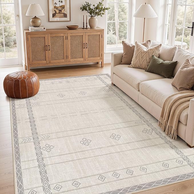 cotiled 6x9 Area Rugs for Living Room: Boho Washable Rug for Dining Room | Stain Resistan Indoor Soft Carpet for Bedroom Nursery Beige Grey