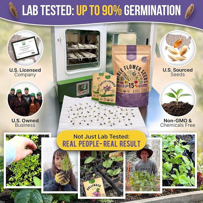 Organo Republic 15 Edible Flower Seeds Variety Pack for Indoor Outdoor Gardening - 4,800+ Non-GMO Heirloom Flower Seed: Borage, Bishop's Flower, Chicory, Chives, Hyssop, Echinacea, Lavender & More