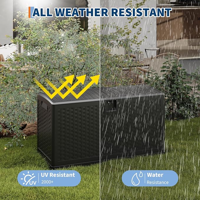 IDEALHOUSE 73 Gallon Resin Deck Box, Waterproof Outdoor Storage Box with Lockable Lid & UV Resistant, Patio Furniture Cushion Storage Container for Garden, Backyard, Poolside (Black)