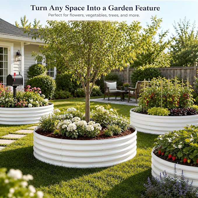 4FT Round Raised Garden Bed, Heavy Duty Galvanized Metal Planter Box for Vegetables, Flowers & Herbs, Rust-Resistant Outdoor Gardening Bed with Modern White Finish & Easy DIY Assembly