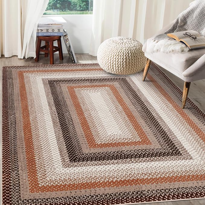 RUGSREAL Modern Rug for Entryway 3x5 Braided Washable Living Room Rug | Non Slip Small Dining Room Throw Carpet Stain Resistant Farmhouse Rustic Area Rug for Bedroom Kitchen, Brown/Rust