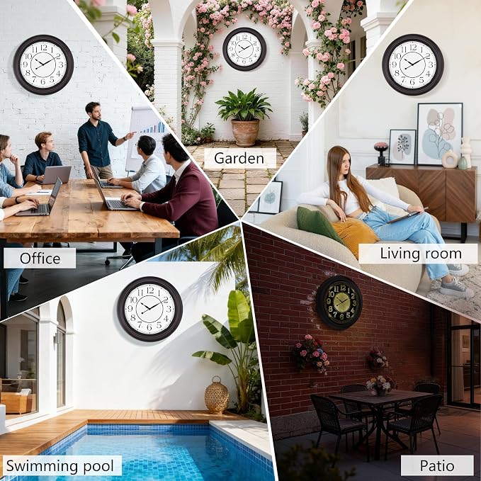 Retro Large Illuminated Outdoor & Indoor Wall Clock 18 Inch, Glow in The Dark Classic Clock with Smart Light Sensor Battery Operated, Vintage Night Light Clocks for Patio Garden Home Porch Pool