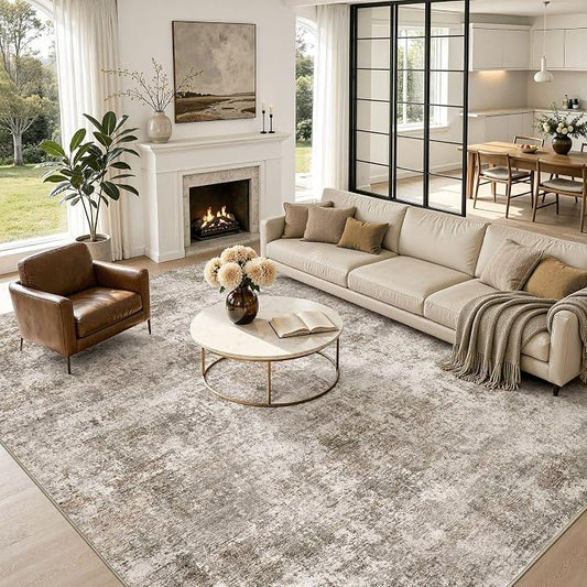 Nakagishi 9X12 Abstract Washable Area Rugs for Living Room-Brown | Modern Non-Slip Silicone Backing Low Pile Soft Carpet for Bedroom Dining Decor Ideal for Families with Kids and Pets