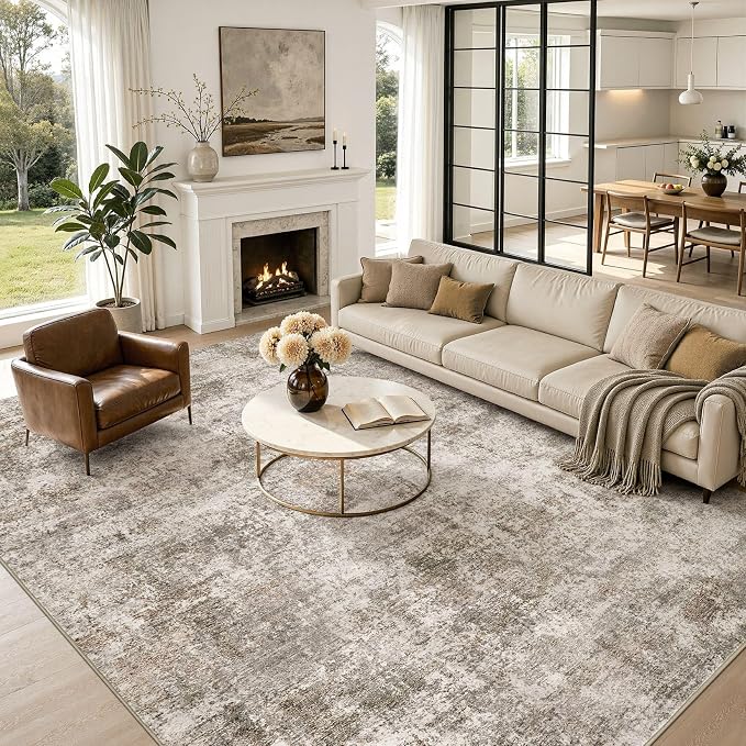 Nakagishi 8X10 Abstract Washable Area Rugs for Living Room-Brown | Modern Non-Slip Silicone Backing Low Pile Soft Carpet for Bedroom Dining Decor Ideal for Families with Kids and Pets
