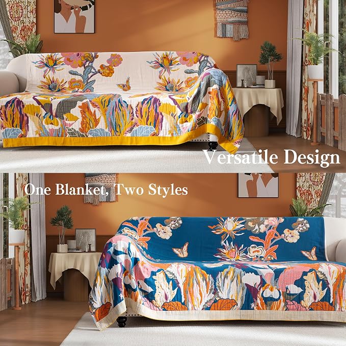 Phuryllic Boho Throw Blanket Queen Size, Oversized Soft Cozy Cotton Muslin Quilt Blanket for Bed Decor, Floral Patterned Couch Sofa Chair Cover, Vintage Farmhouse Cottage Woven Blanket, Yellow&Blue