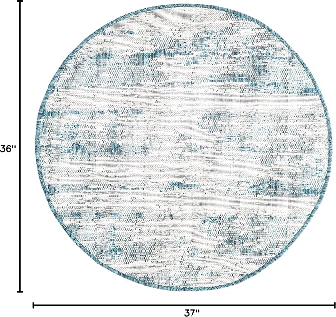 Unique Loom Outdoor Modern Collection Area Rug - Cartago (3' Round, Teal/ Ivory)