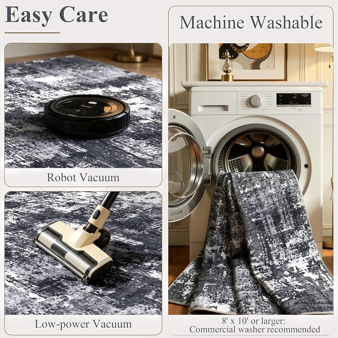Sasttie 5x7 Washable Area Rug, Modern Abstract Carpet, Black & White | Ultra-Soft Faux Wool, Low Pile, Non-Slip, Lightweight, Thin, for Nursery, Living Room, Bedroom, Dinning Room & Dorm