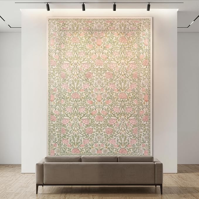 GarveeHome Pink Green Beige Floral 4x6 Area Rug for Nursery Bedroom | Washable Girls Dorm Office Rug Vintage Boho Rugs Low-Pile Non-Slip Stain Resistant TPE Backing