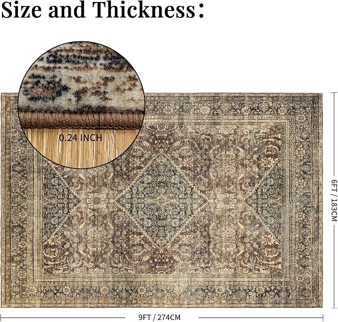 Washable 6x9 Area Rug: Vintage Brown Rugs for Living Room Bedroom Dining Room Office Indoor - Soft Non-Slip Large Carpet Home Decor - Oriental Dark Brown