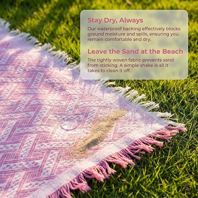 70x70 Bohemian Picnic Mat Extra Large, Sand Proof Outdoor Camping Blanket Machine Washable, Lightweight Portable Travel Tarp for 5-7 Adults Beach Park Grass (Pink-T-Grid)