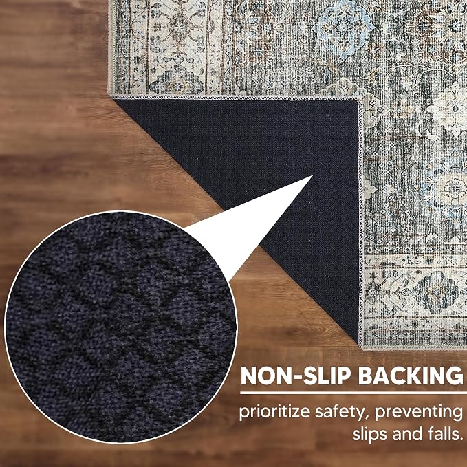 Keen Home Design Vintage Washable Area Rug, Non-Slip Low Pile, 6x9 | Machine Washable Cotton Chenille, 0.25In Low Pile, Rubber Non-Slip Back; Living Room, Dining Room, Bedroom, Office