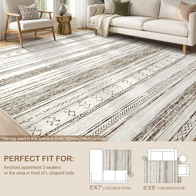 Tortania Area Rug Living Room Rugs - 6x9 Washable Large Soft Neutral Boho Moroccan Bohemian Farmhouse Rug Indoor Floor Carpet for Bedroom Under Dining Table Home Office Decor - Cream Brown