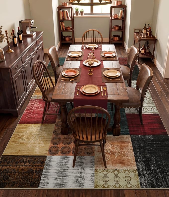 Mid Century Modern Vintage Cowboy Area Rug 8x10 for Living Room,Retro Patchwork Rug Non Slip,Red and Brown Floral Farmhouse Rugs Washable, Geometric Boho Rugs for Kitchen,Dining Room,Bedroom