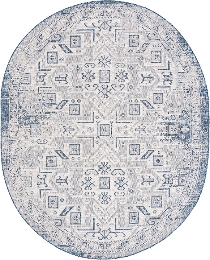 Unique Loom Outdoor Aztec Collection Area Rug - Coba (7' 10" x 10' Oval, Blue/ Ivory)