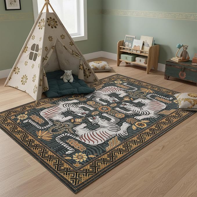 GarveeHome Tibetan Tiger 5x7 Area Rug Boho Blue Washable Living Room | Non Slip Vintage Rugs for Bedroom, Tribal Soft Animal Print Throw Rug Ultra Thin Stain Resistant Floor Carpet for Office