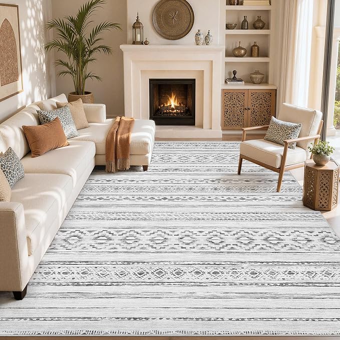 cotiled Boho 7x9 Area Rug for Living Room: Large Moroccan Washable Rug | Solve Modern Neutral Trendy Home Decor - Stain Resistan Indoor Carpet for Bedroom Dining Room Cream Grey