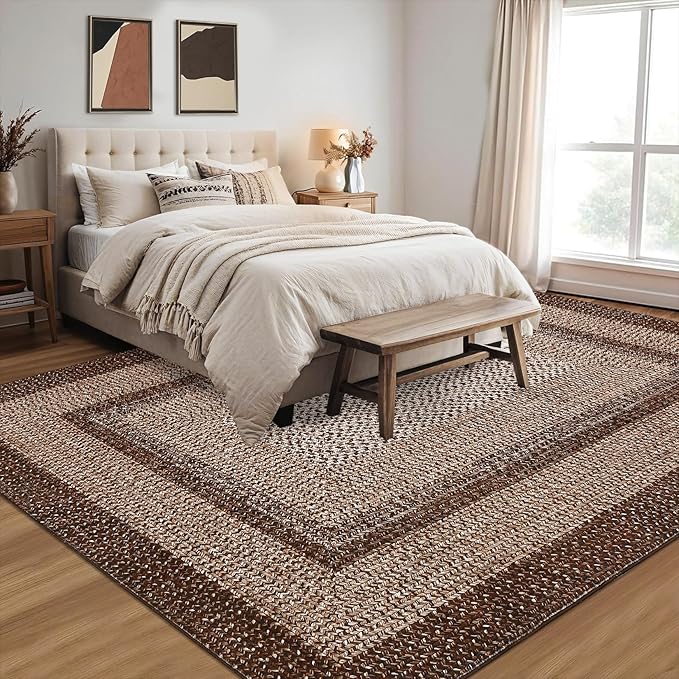 RUGSREAL 8x10 Washable Area Rug for Living Room with Rubber Backing | Stain Resistant Large Bedroom Throw Carpet Modern Geometric Floor Cover Modern Border Rug for Home Decor Office, Brown