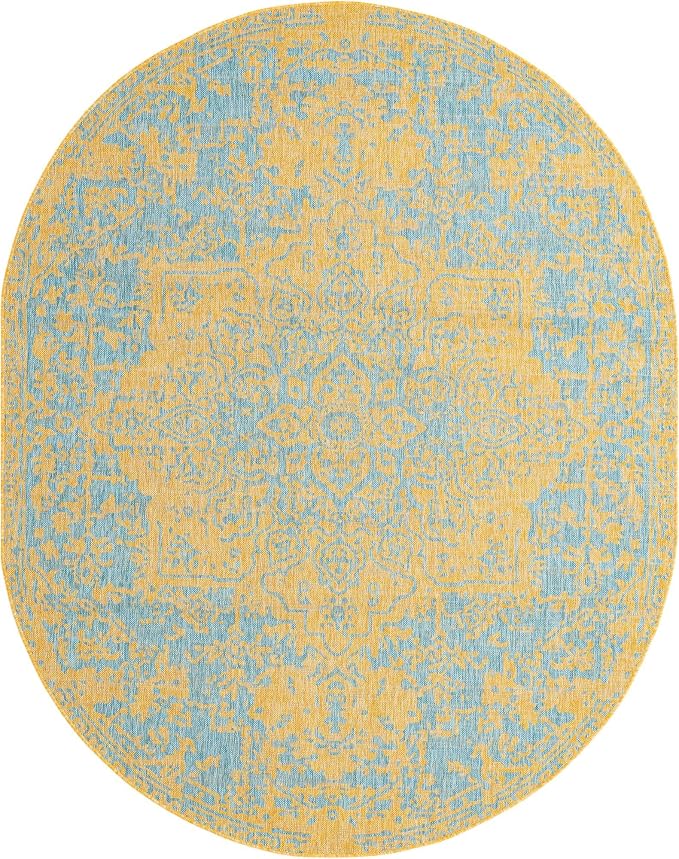 Unique Loom Jill Zarin Jill Zarin Outdoor Collection Area Rug - Dubai (7' 10" x 10' Oval, Yellow and Aqua/Light Blue)