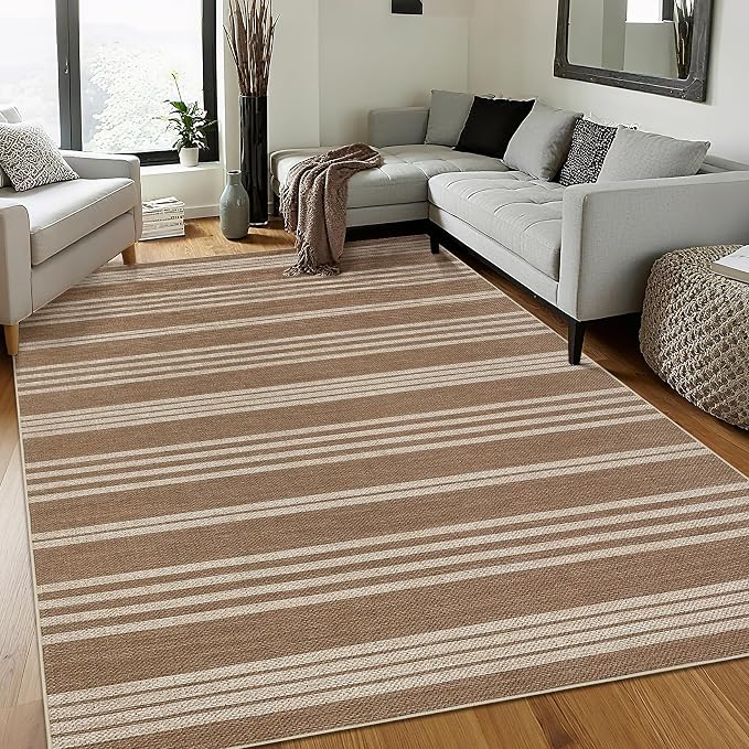 Garvee Area Rugs 9x12 Living Room Washable Rug Easy Jute Rugs, Brown | Modern Line Print Area Rug Stain Resistant Easy Cleaning Throw Rugs Low Pile Floor Cover for Nursery Dining Room Apartment