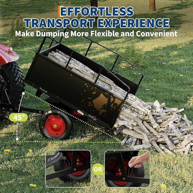 17 Cu.Ft 750Lbs Steel ATV UTV Trailer, Tow Behind Dump Cart, Heavy Duty Pull Behind Removable Sides, Pull Behind Utility Dump Trailer for, Garden, Lawn Mower Tractor