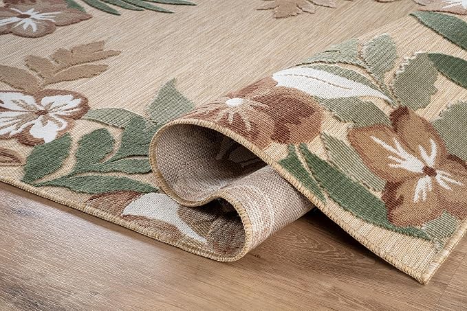 Outdoor Rug 10x14 Washable Area Rugs Indoor Outdoor Carpets Beige Border Floral Non Shedding Waterproof Easy Clean Patio Deck Porch Living Room Bedroom Garden RV (10 X 14 Beige)