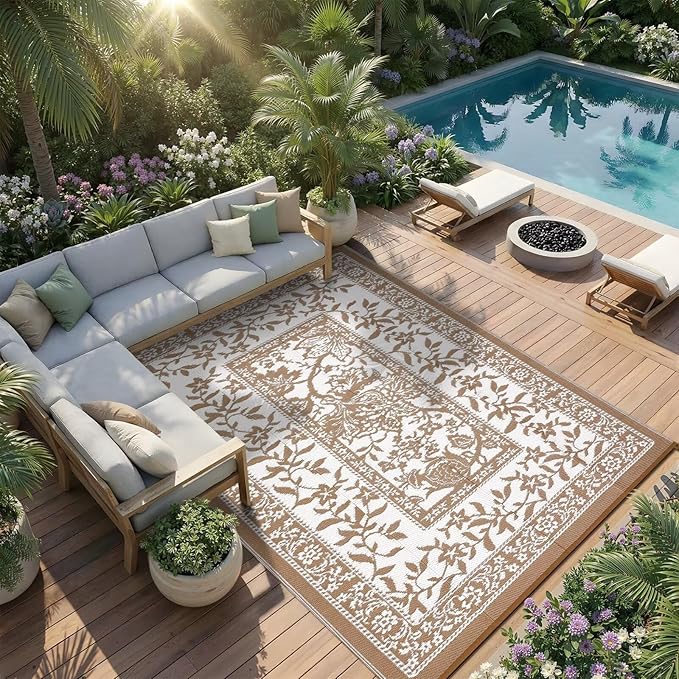 Garvee Outdoor Rug 5x8, Waterproof Reversible Foldable Plastic Straw Rug, Botanical cottagecore Outdoor Rugs Patio Camping RV Carpet for Deck Camper Porch Balcony Backyard Picnic Beach Coffee
