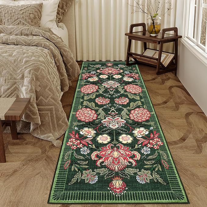 GarveeHome Forest Green Floral Botanical 2.5x8 Washable Kitchen Runner Rugs Non Slip Vintage Boho Cottage Long Rug for Hallways Bedroom Entryway Bathroom Mat with Rubber Back