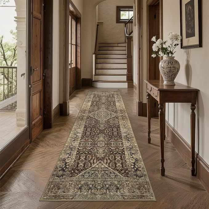 Vintage Brown Runner Rugs for Hallway: Washable Runner Rug 2x6 for Entryway Kitchen Bathroom Bedroom Indoor - Home Decor Mat Carpet - Oriental Dark Brown