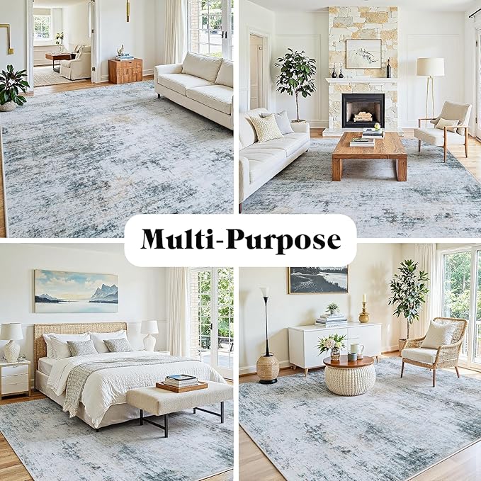 8x10 Washable Area Rug for Living Room Bedroom: Non-Slip Modern Blue Grey | Machine Washable TPR Backing, Stain-Resistant Low Pile, Pet & Kid Friendly, Abstract Decor for Dining Room, Dorm, Home Office