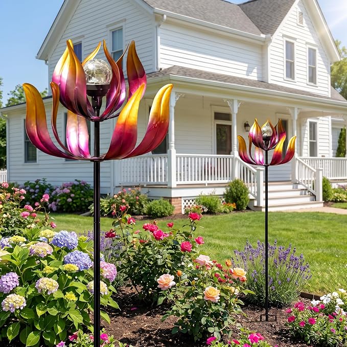 Solar Wind Spinner Outdoor Metal Decor - 61" Tall Lotus Kinetic Yard Art with Color-Changing Crackle Glass LED Light, Dual-Directional Wind Catcher Lawn Ornament for Garden, Patio & Yard Gift