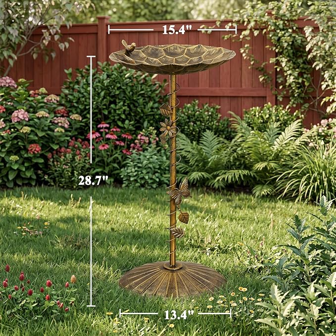 VECELO Antique Gold Metal Bird Bath for Outside, 28.7" Freestanding Pedestal Birdbath with Vintage Butterfly & Bird Decor, 15.4" Bowl Diameter, Easy Assembly Heavy-Duty Iron Garden Decoration