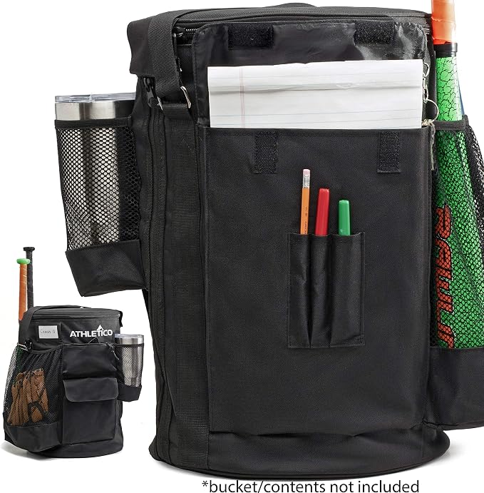 Athletico Baseball Bucket Cover Organizer - Baseball Bucket Bag With Padded Seat (Black)